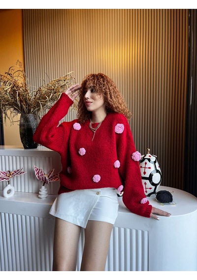 Qoolest Kadın Yünlü Saks Mavi Bisiklet Yaka 3d Papatya Kabartmalı Yumoş Dokulu Oversize Trend Triko Kazak Kırmızı Qoolest Kadın Yünlü Saks Mavi Bisiklet Yaka 3d Papatya Kabartmalı Yumoş Dokulu Oversize Trend Triko Kazak Kırmızı