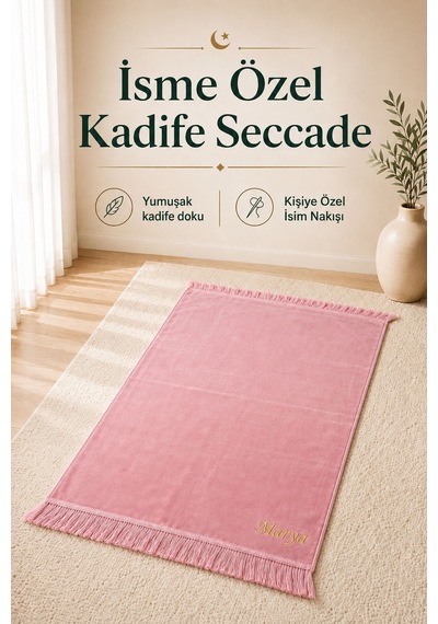 Kişiye Özel İsim Nakışlı Kadife Seccade Ve İsimli Kadife Yasin Seti Pembe