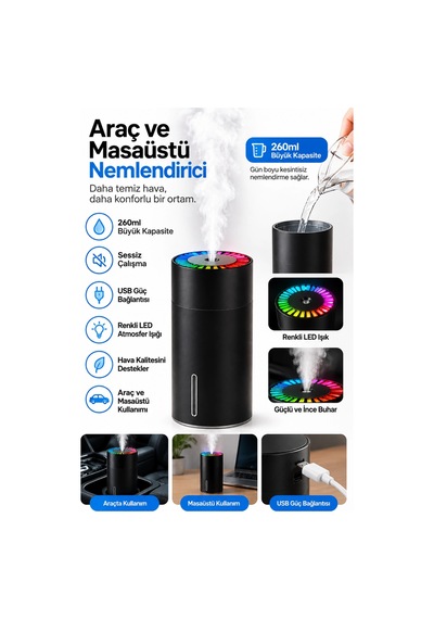 Castu W301 Şarjlı Taşınabilir Oto Masaüstü Hava Nemlendirici Ultrasonik Sessiz Buhar Makinesi