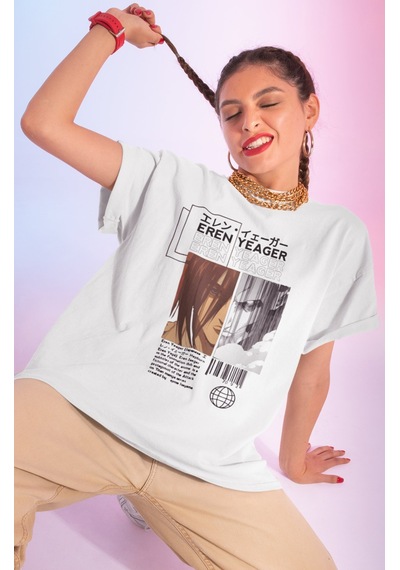Tasarım Eren Yeager Attack On Titan Baskılı Unisex Oversize Anime Beyaz