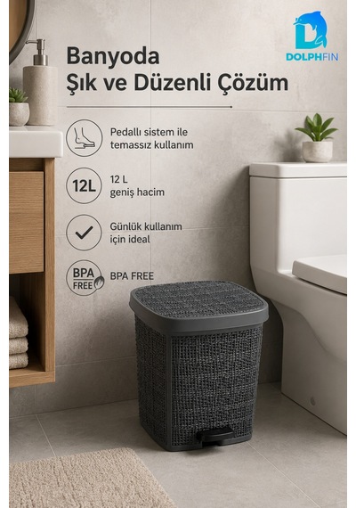 Jute Pedallı Çöp Kovası Kapaklı Plastik Banyo Mutfak Ofis Atık Kovası 30x27x34 Cm Siyah