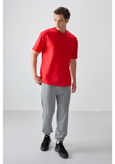 Air Jones Tommy Life Fiesta Pamuklu Kalın Yumuşak Dokulu Oversize Fit Basic Erkek T-shirt - 88378 Kirmizi