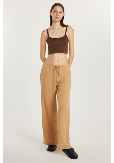 Tudors Kadın Regular Fit Beli Bağlamalı Keten Geniş Paça Bej Pantolon-33416 Bej