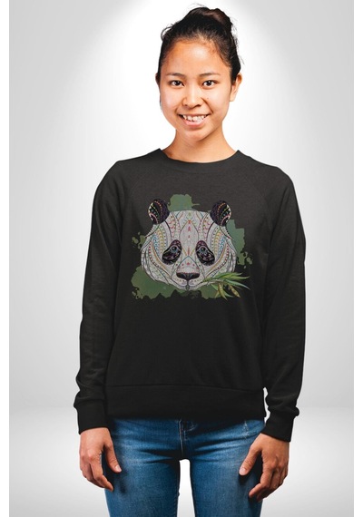 Panda Mandala Unisex Siyah Baskılı Sweatshirt Siyah