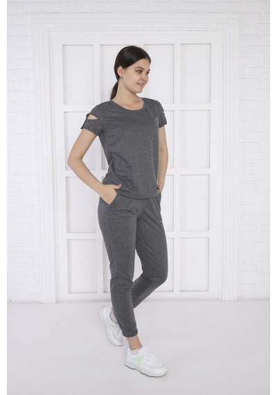 Kadın Spor G3 Melanj Alt-üst T-shirt Takım-3937 - M Koyu Gri Melanj