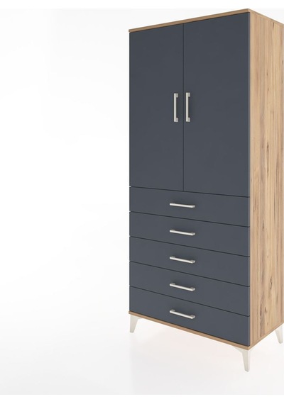 Hyperion Dolap Tek Raflı 5 Çekmeceli Tek Askılı 88x44x195 Çam... Çam