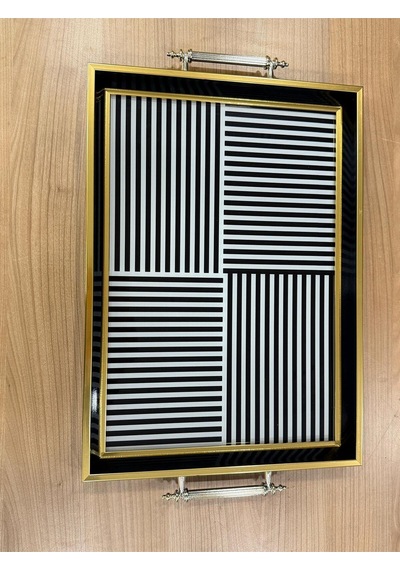 Şık Kahve Sunum Tepsisi - Siyah Beyaz Modern Desenli Gold Detaylı Tepsi
