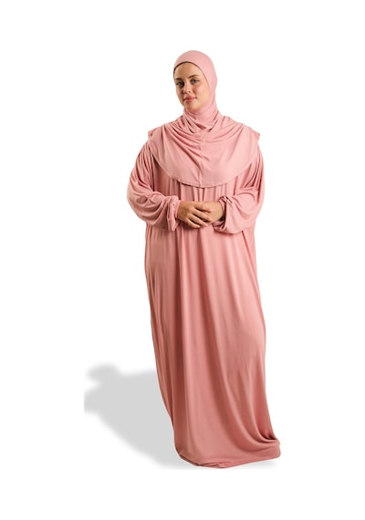 Hürrem Bone Tek Parça Namaz Elbisesi Viskon Düz 2503 06 Pudra