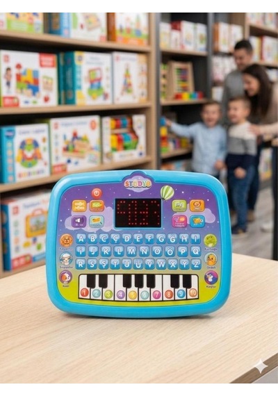 Eğitici Piyanolu Sesli Işıklı Led Ekranlı İngilizce Türkçe 26 Kelime Çocuk Bilgisayarı Mavi