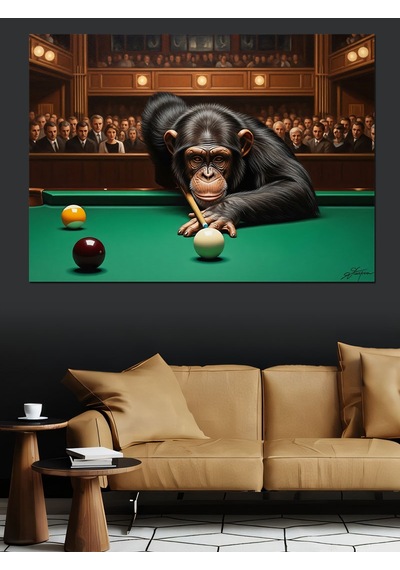 Ahşap Tablo Bilardo Masasında Odaklanmış Maymun Oyuncu