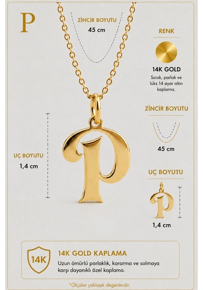 925 Ayar Gümüş 14 Ayar Altın Kaplama P Harfi Vintage Harfli Kolye Retro Harf Kolye Gold