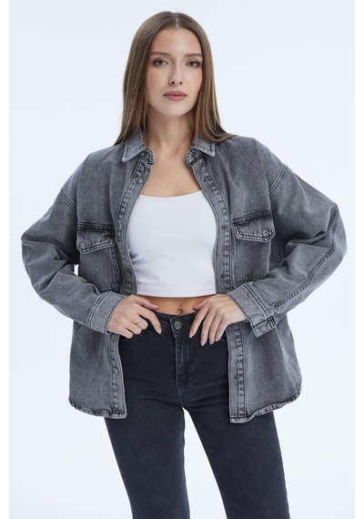 Selectmoda Kadın Çift Cepli Çıtçıt Kapamalı Oversize Kot Gömlek Antrasit