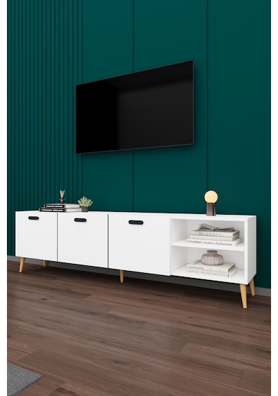 Asra Trend Tv Ünitesi T-18 %100 MDF 200 cm Büyük Boy Tv Sehpası Dolaplı Raflı Beyaz