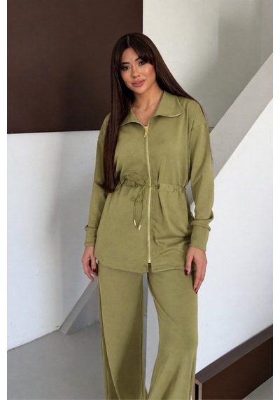 Balenbi Oversize Fermuarlı Beli Bağcıklı Polo Yaka Modal Kadın Takım 1196 - Premium Seri Yeşil Balenbi Oversize Fermuarlı Beli Bağcıklı Polo Yaka Modal Kadın Takım 1196 - Premium Seri Yeşil