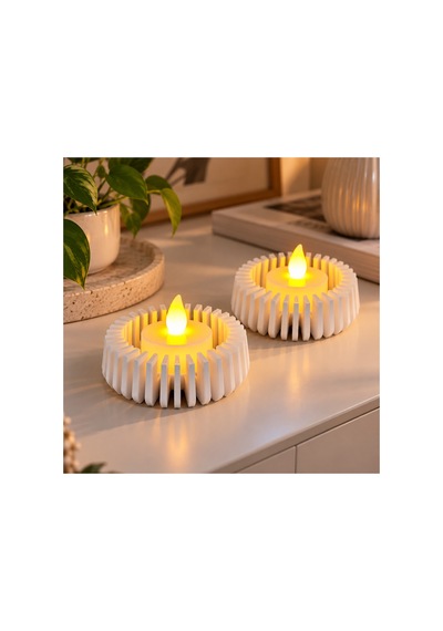 4 Lü Modern Dekoratif Led Mumluk Seti 3d Baskı Yuvarlak Tasarım, 4 Adet Pilli Led Mum Hediyeli, Beyaz Açık