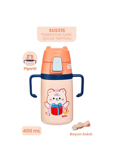 400 Ml 316l Paslanmaz Çelik Pipetli Çocuk Termosu Taşıma Kulplu Askılı Çift Duvar -ffr400ml4011 Turuncu