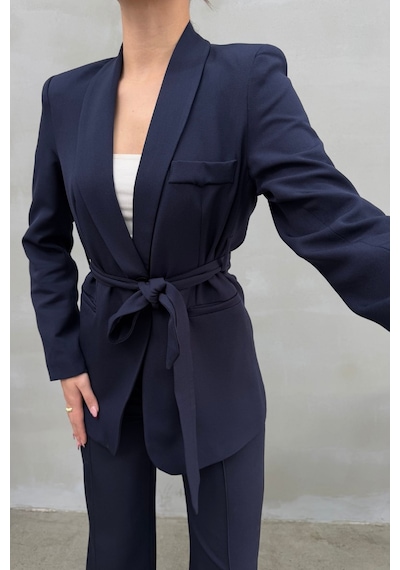 Msm Fashion Kadın İkili Kuşaklı Blazer Ceket Pantolon Takım Lacivert
