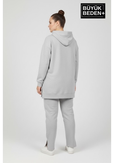 Süperlife Büyük Beden Kapşonlu A Baskılı Tunik İnce Sweatshırt Spr26btk991-3 Grey Melange