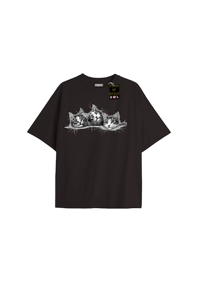 Flood Of Style Siyah Oversize T-shirt Üçlü Kedi Özel Tasarım