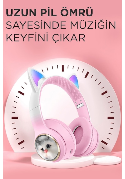 Hd11 Pembe Sevimli Kedi Karükatür Kulak Led Işıklı 5.3 Bluetooth Kulak Üstü Kulaklık