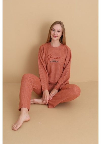 Wordex Mırano 3150 Selanik Kumaş Kışlık Kalın Kumaşlı Kadın Pijama Takımı Kiremit