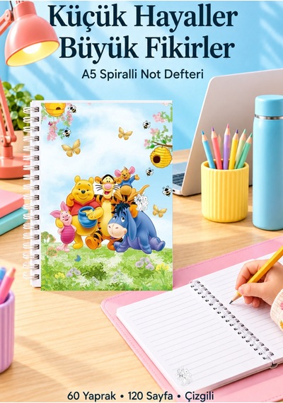 Winnie The Pooh A5 Spiralli Çizgili Not Defteri 60 Yaprak 120 Sayfa Çok Renkli