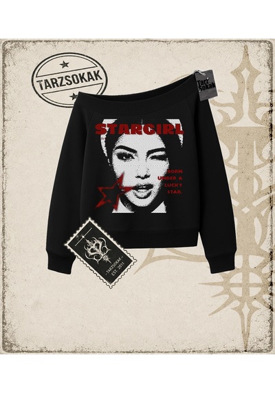 Tarzsokak Gotik & Grunge Streetwear Star Gırl Kayık Yaka Sweatshirt Siyah