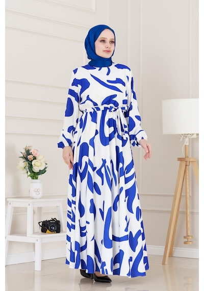 Sevitli Geometrik Desenli Elbise-beyaz-3895 Beyaz