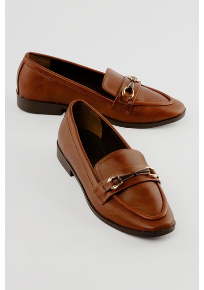 Kadın Loafer Gold Tokalı Günlük Ayakkabı Elio Taba Taba