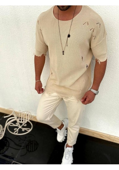 Elkumoda Yırtık Detaylı Tişört Lazer Kesim Tshirt-2684