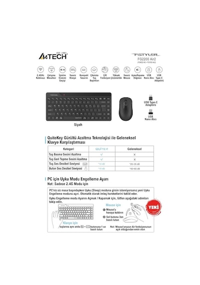 Teknoteg - A4 Tech Fg2200 Aır2 2.4 Siyah Qmini Fn-mm Kablosuz Sessiz Set Diğer