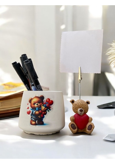Sevimli Kalp Tutan Ayı Fotoğraf Not Tutacağı Balonlu Ayı Kalemlik Ofis Seti Hediyelik Tutacak Kahve