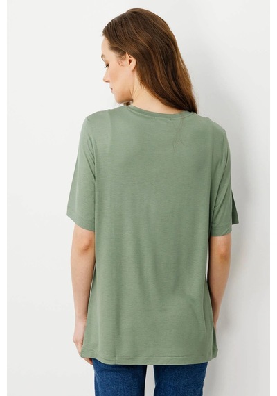 Desen Triko Kadın Sıfır Yaka Önü Taş Baskılı Penye T-shirt 25834 Haki Haki