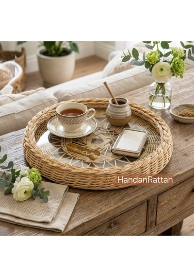 Handanrattan El Örgüsü Dekoratif Rattan Tepsi - 38 Cm Bohem Sunumluk Vişne&doğal
