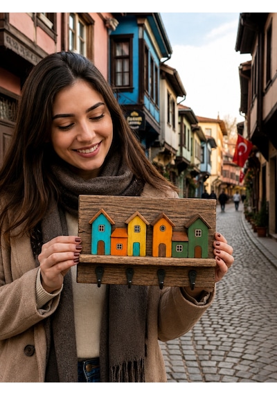 Dekoratif Ahşap Ev Figürlü Anahtarlık Askılığı 20x30 Cm 4 Kancalı Duvar Anahtarlığı Organizer Çok Renkli
