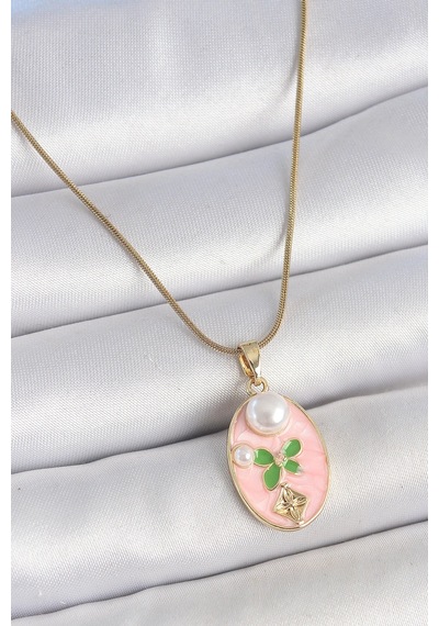 Mey İthalat 316l Çelik Gold Renk Zincir Pembe Mineli Oval İncili Çiçek İşlemeli Portre Model Kadın Kolye Çok Renkli