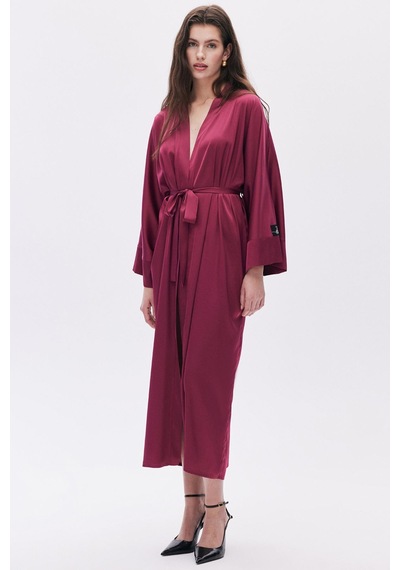 Frappant Bordo Uzun Saten Sabahlık / Kimono Bordo