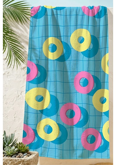 Halka Simit Desenli Mavi Plaj Havlusu - Tropikal Modern Pembe Sarı Havuz Deniz Banyo Sahil Örtüsü Çiy Zeytin