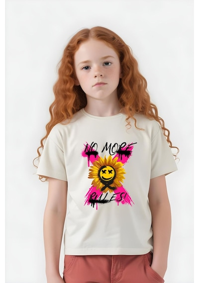 Panios Kids X Rules Baskılı Kız Çocuk Kısa Kollu T-shirt Krem