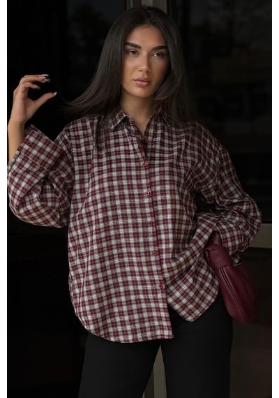 Madmext Kırmızı Oversize Kareli Kadın Gömlek Mg2822