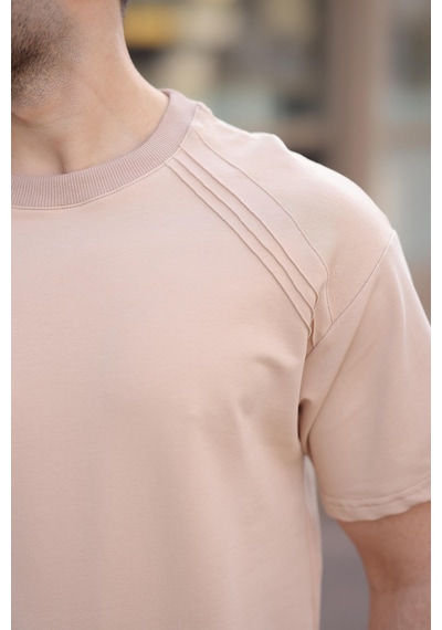 Madmext Bej Bisiklet Yaka Basic Erkek T-shirt E7138 Bej