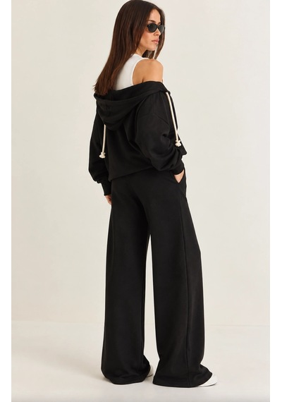 Mevese Kadın V Yaka Sweatshirt, Kolsuz Atlet Ve Yüksek Bel Wide Leg Pantolon Üçlü Spor Şık Takım- Siyah
