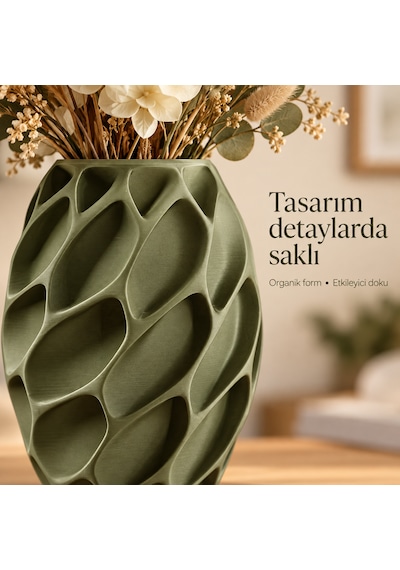 Yaprak Desenli Dekoratif Vazo 20 Cm Kuru Ve Yapay Çiçek Vazosu Haki