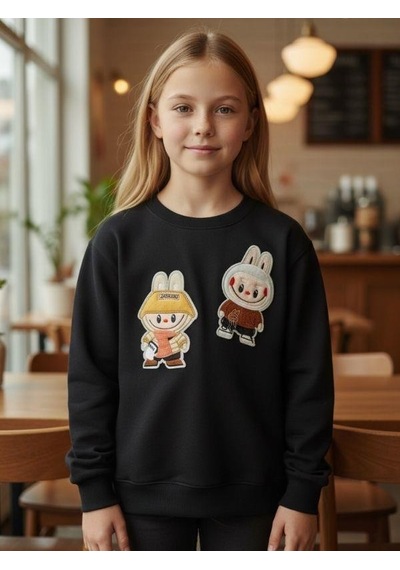 Kız Çocuk Pamuklu Karakter İşlemeli Sweatshirt-16392 Siyah Kız Çocuk Pamuklu Karakter İşlemeli Sweatshirt-16392 Siyah