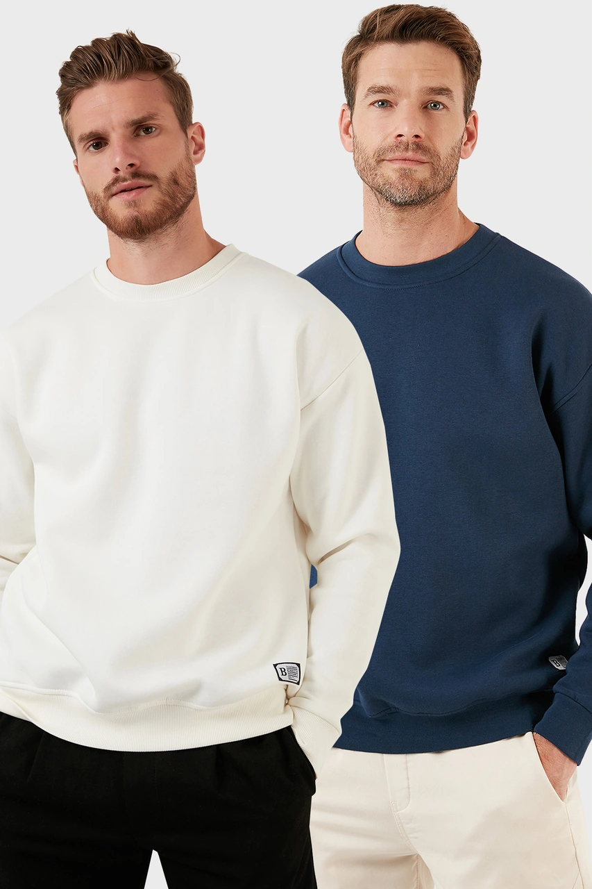 Buratti Regular Fit Bisiklet Yaka Şardonlu 2'Li Paket Erkek Sweat 5905255S2 Ekru-Indigo