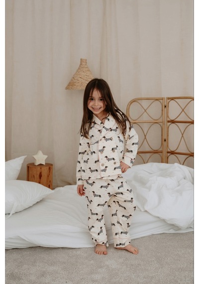 Köpek Baskılı Yaka Detaylı Çocuk Pijama Takımı Krem