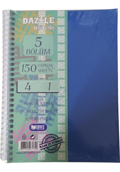 Orta Boy 4+1 Ayraçlı Defter 5 Konulu 150 Yaprak 1 Adet 4 Kareli 1 Çizgili Spralli Plastik Kapak Seperatörlü 18x25 Cm Mavi