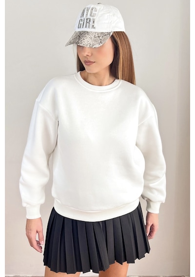 Kadın Cozy İçi Polarlı Ekru Basic Bisiklet Yaka Pamuklu Kalın Örme Sweatshirt Ekru