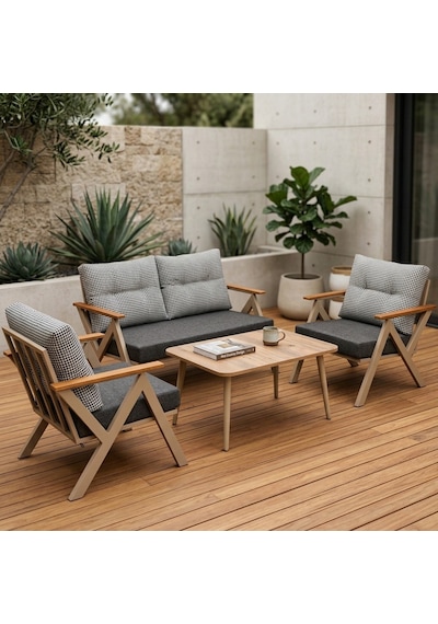 Venedik 2+1+1+sehpa Metal Balkon Takımı Keten Dokulu Kumaş Cappuccino Metal - Bahçe Teras Oturma Grubu