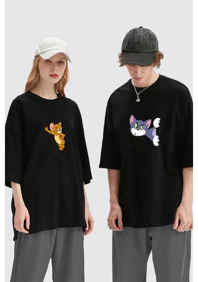 Unisex Kadın Erkek Tom Ve Jerry Baskılı Sevgili Çift Kombini Tasarım Oversize T-shirt 2'li Set Siyah Mck1957 Siyah